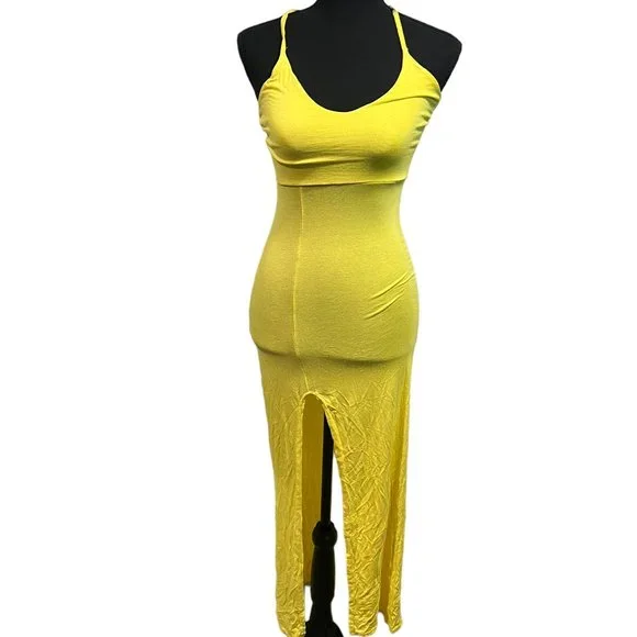 Boohoo | Dresses | Boohoo Womens Maxi Dress Sleeveless Bodycon Split Yellow  | Poshmark
